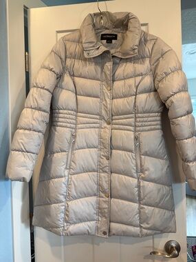 Liz Claiborne Silver Quilted Mid-Length Puffer Coat